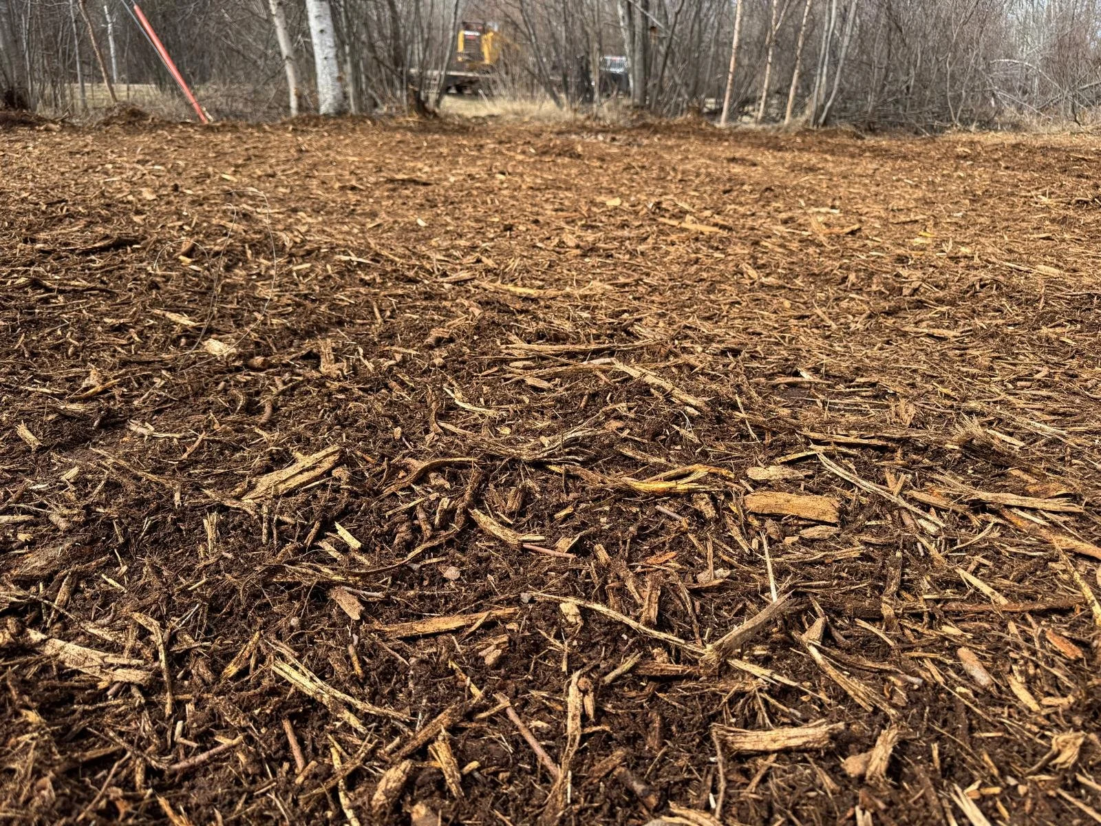 Close-up view of freshly spread mulch on soil at a construction site, with construction equipment and trees in the background.