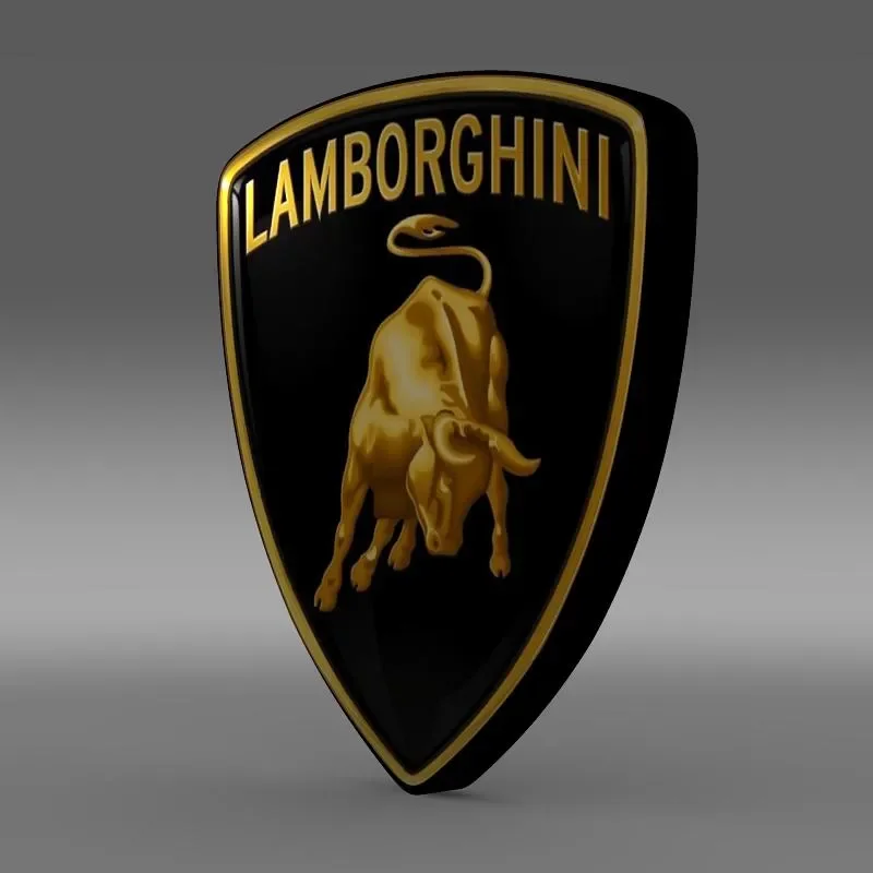 Lamborghini logo featuring a gold-embellished black shield with a gold bull and the word 'Lamborghini' at the top.