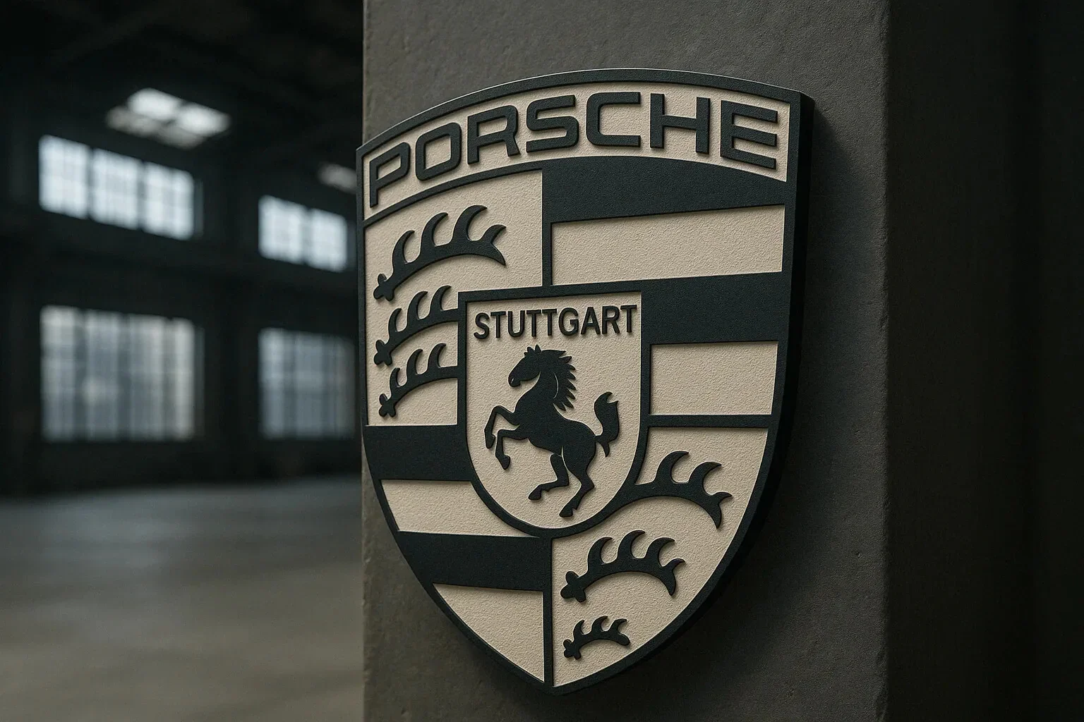 Porsche logo with the word Stuttgart and a horse emblem, mounted on a wall in an indoor setting with windows in the background.