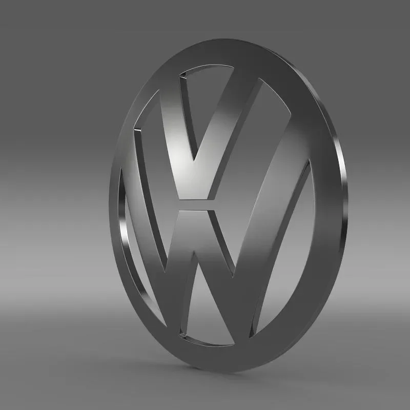 A metallic Volkswagen logo with a 3D appearance against a gray gradient background.