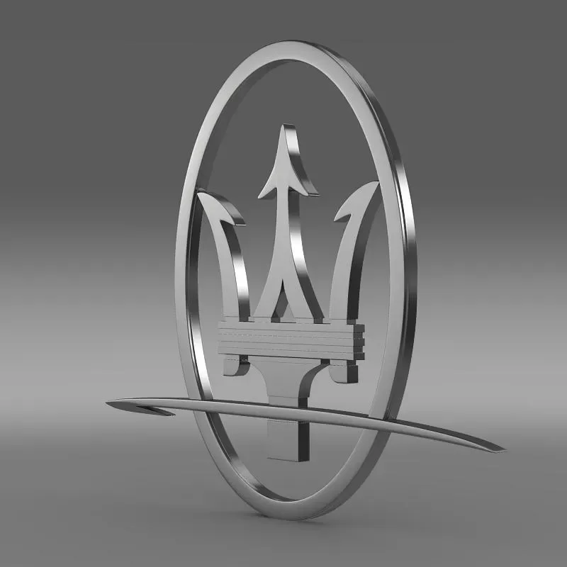 A metallic emblem with a trident inside an oval frame, with a horizontal bar crossing the bottom part of the trident and extending outward.