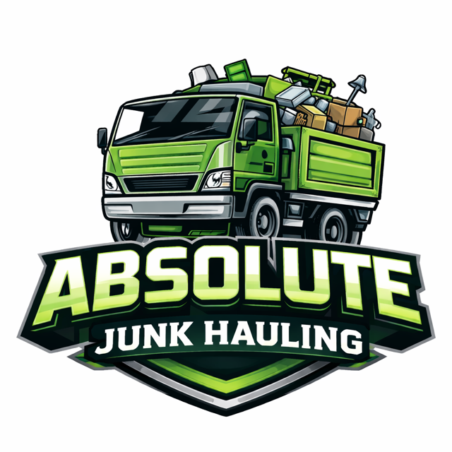 Green junk hauling truck with boxes and furniture, logo for Absolute Junk Hauling