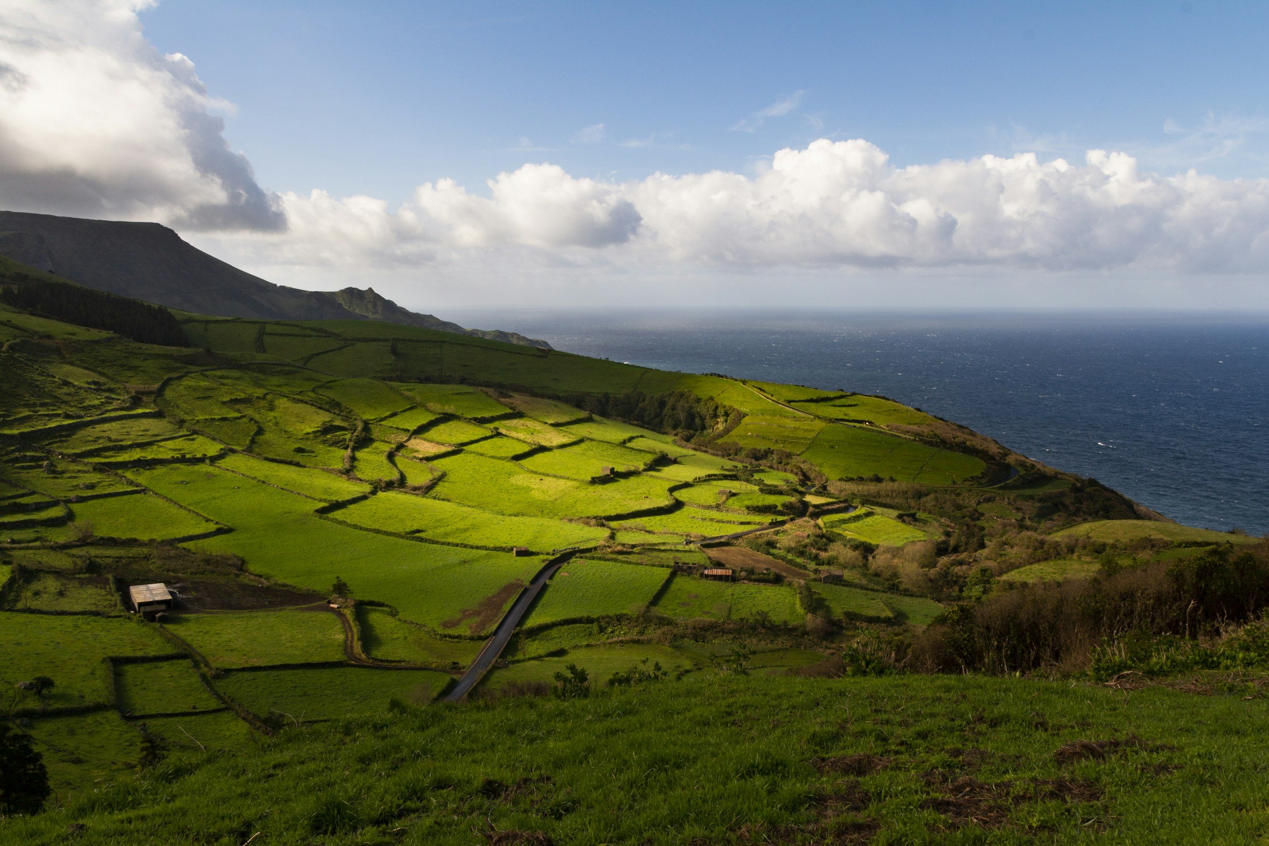 Paisagem de campos verdes inclinados com pequenas casas ao lado do mar sob céu parcialmente nublado.