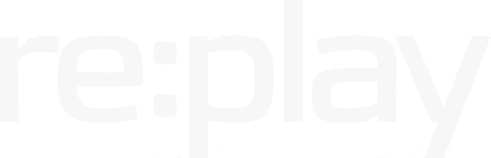 A close-up of the word 're:play' in white text on a black background.
