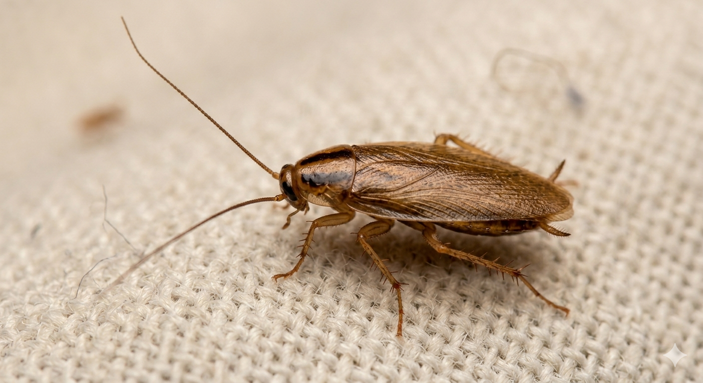Close-up of a brown cockroach on a fabric surface.