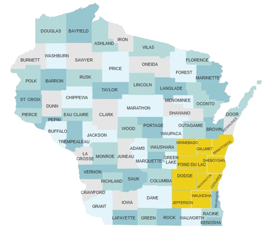 Map of Wisconsin counties with some counties colored yellow and others in light blue. The yellow counties include Dodge, Waukesha, Jefferson, and surrounding areas. The blue counties cover the rest of the state.