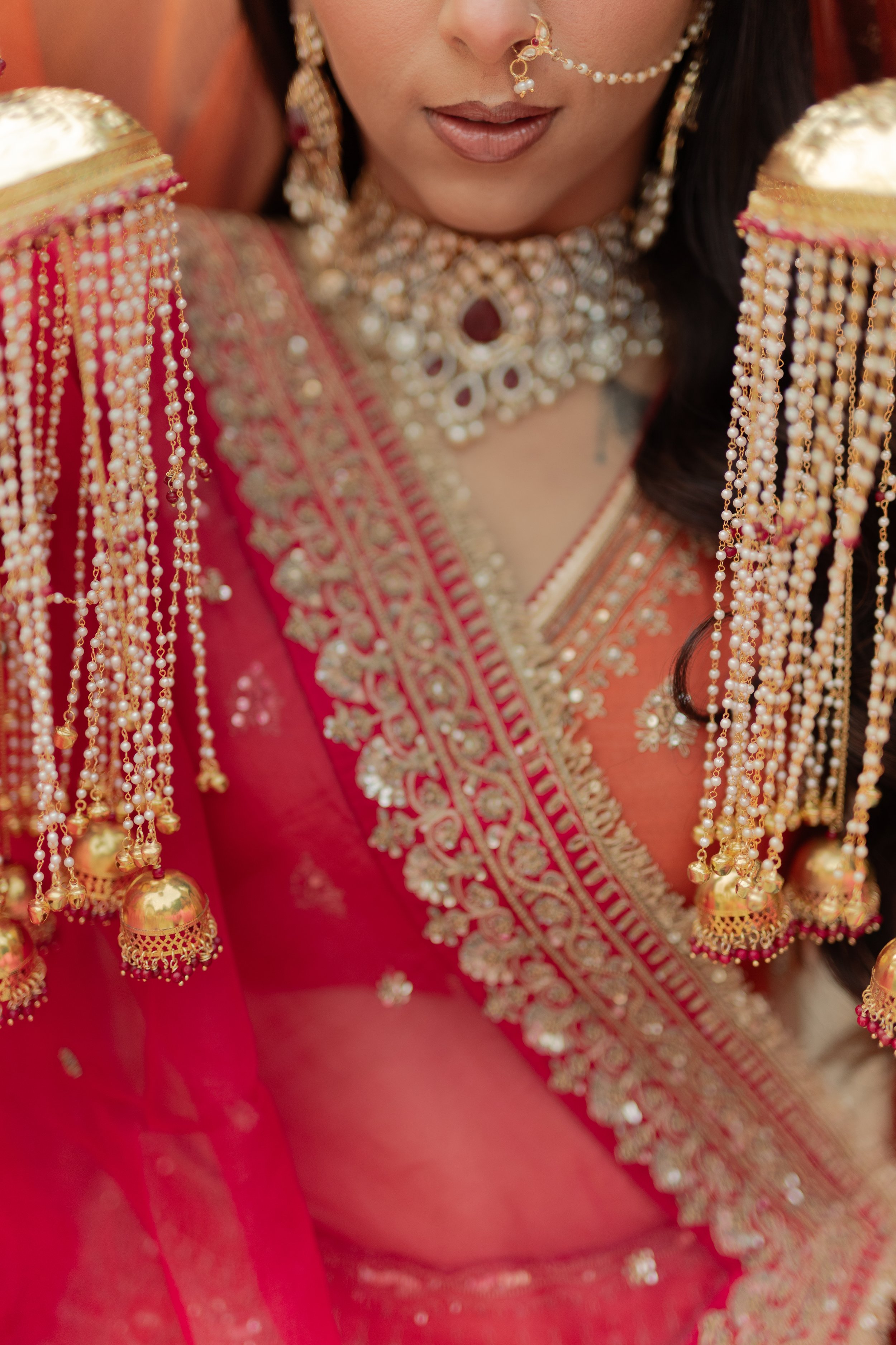 Close-up of a woman wearing traditional Indian jewelry, including a nose ring, earrings, and a layered necklace, dressed in a red saree with intricate gold embroidery.