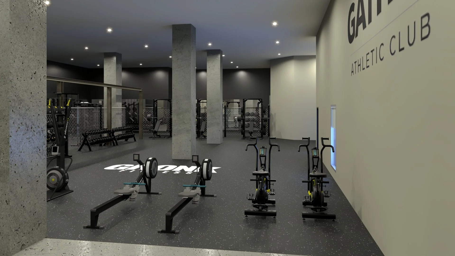 Empty modern gym with exercise equipment including rowing machines, stationary bikes, and weight racks, featuring concrete columns and a beige wall with the words 'GATE Athletic Club'.