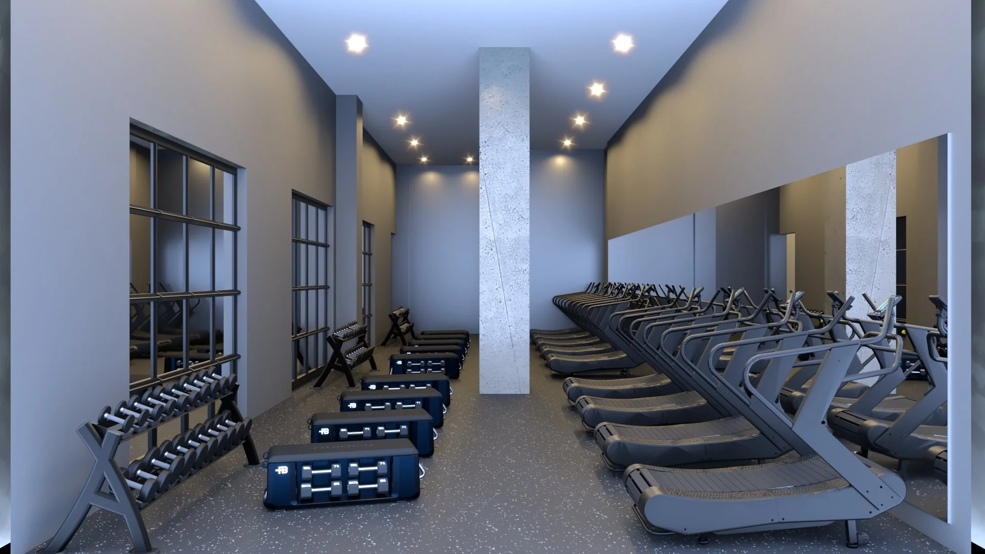 Upscale modern gym with star-shaped ceiling lights, gray walls, windows, and workout equipment including treadmills, ellipticals, dumbbells, and exercise steps.
