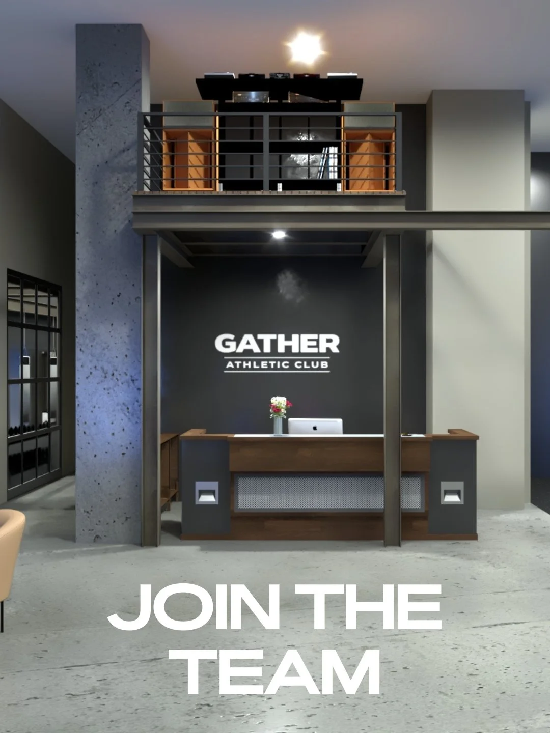 Reception area of Gather Athletic Club with a black wall displaying the club's name, a desk with a computer and a vase of flowers, and the words 'Join the Team' written on the floor in front.