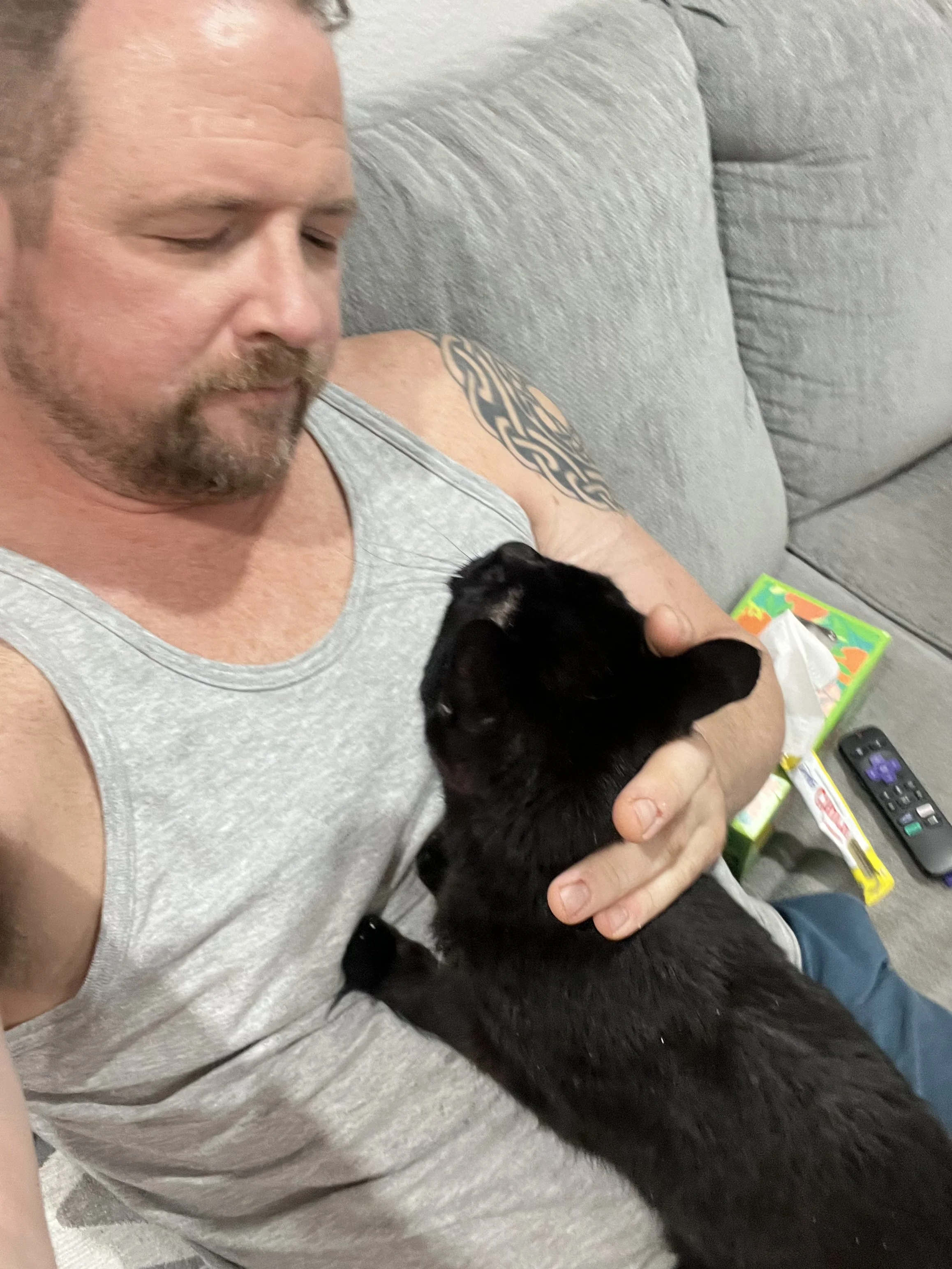 A man with a tattoo on his arm holding a black kitten on his chest while sitting on a gray couch.