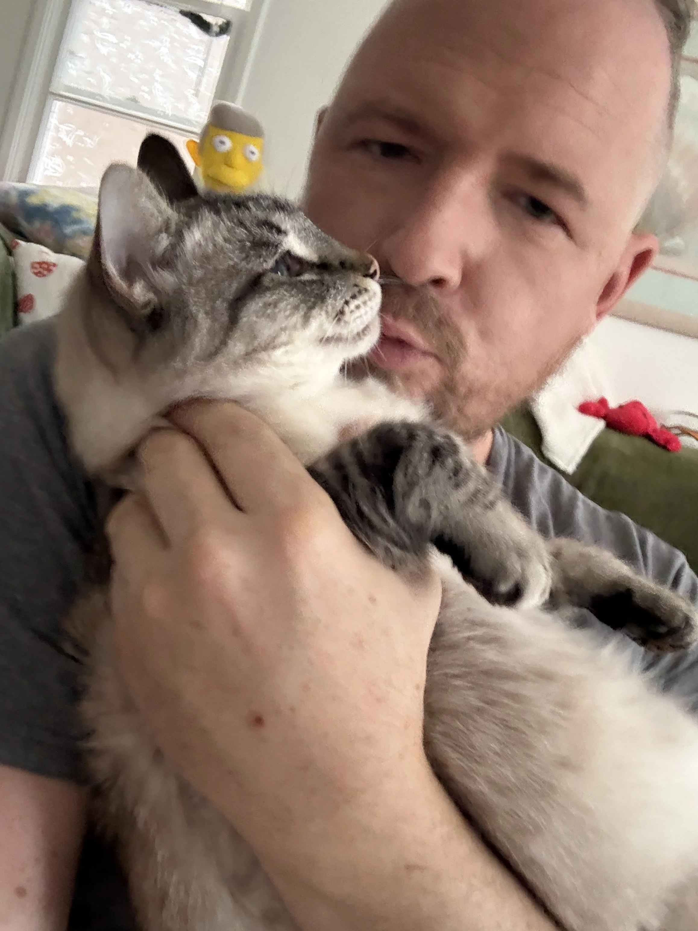 A man holding a Siamese cat close to his face, with the cat licking his nose.