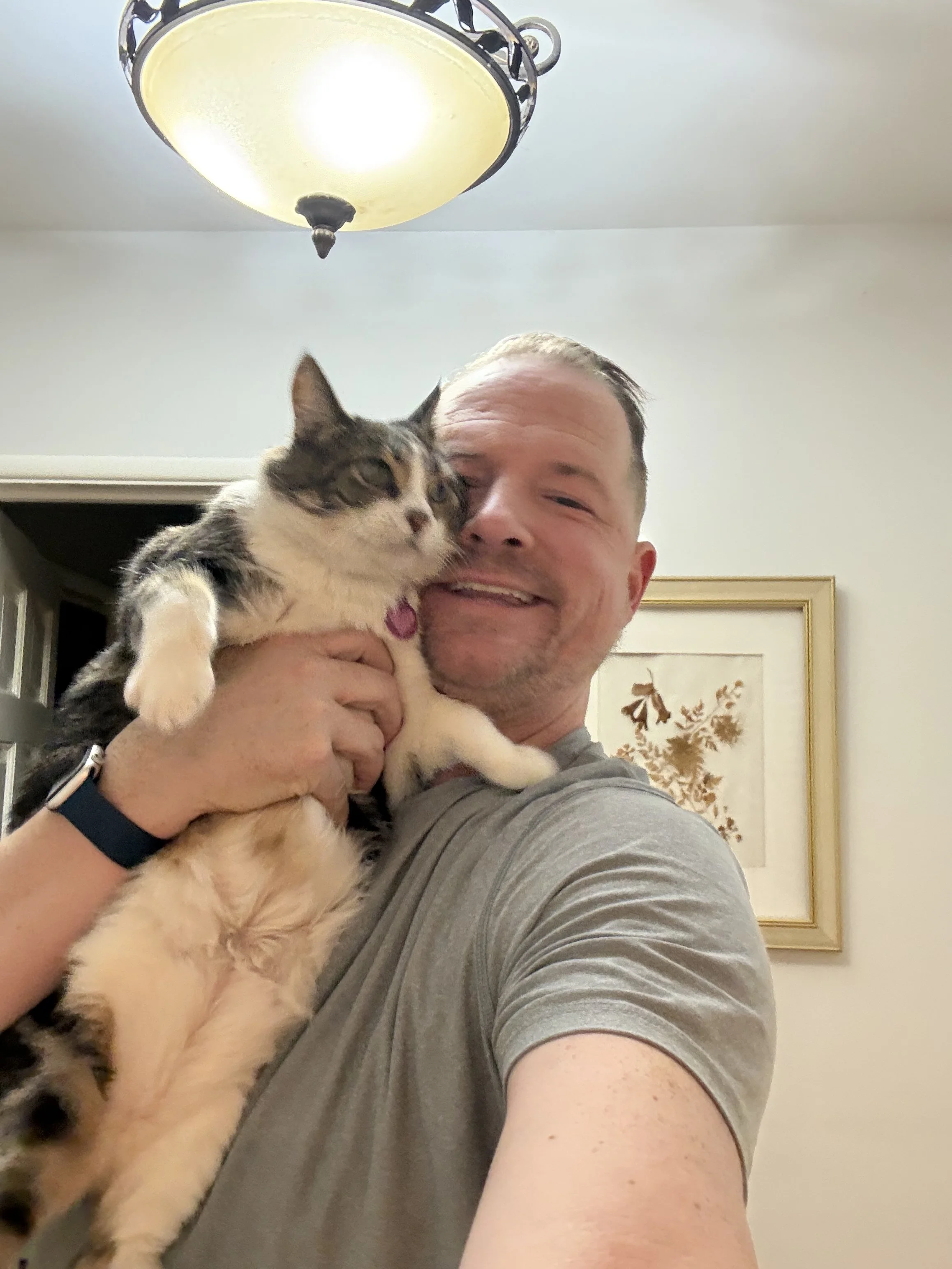 A man smiling while holding a gray and white cat close to his face in a room with a ceiling light and framed botanical art in the background.