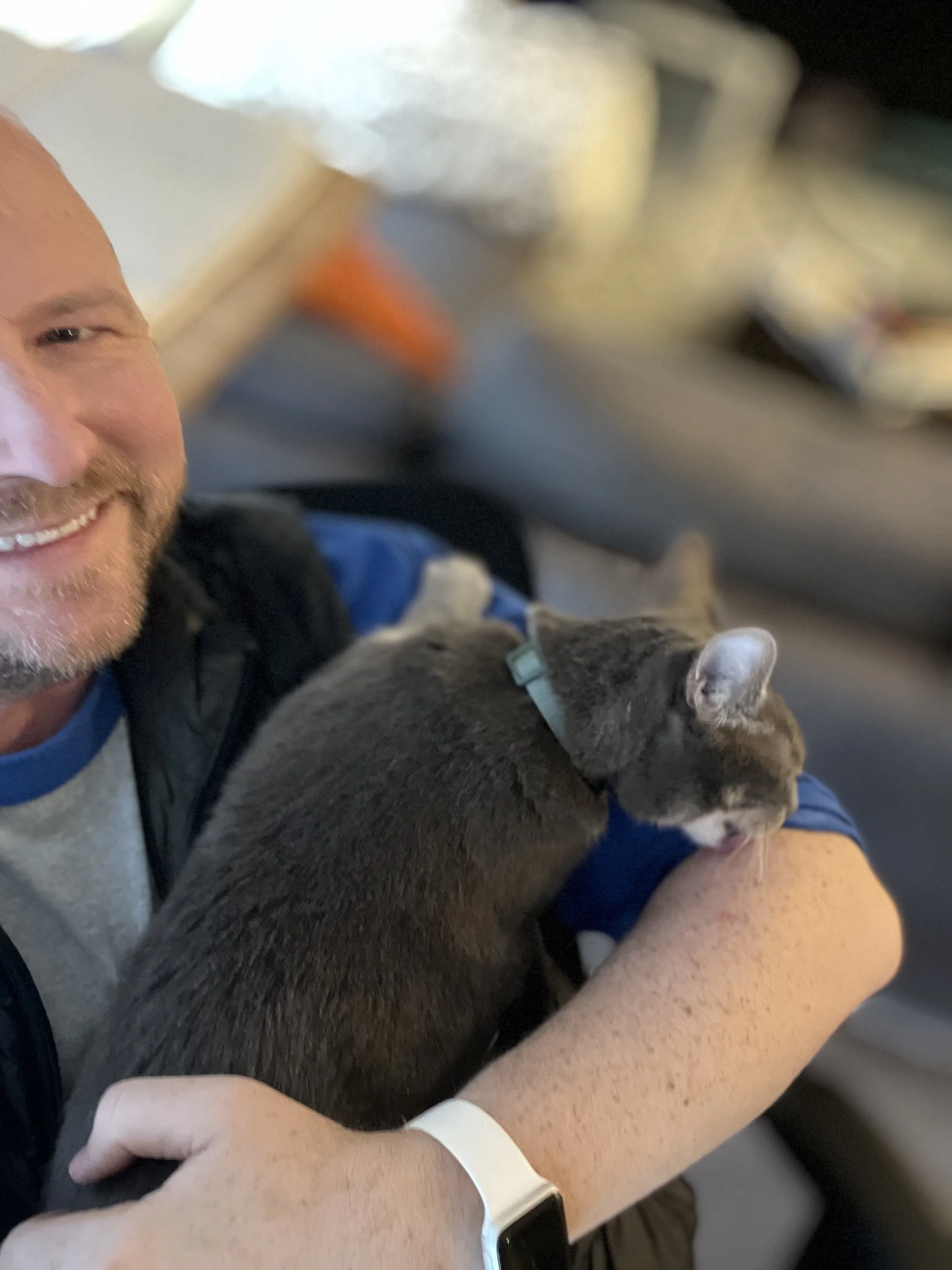 A smiling man holding a gray cat on his arm in an indoor setting.