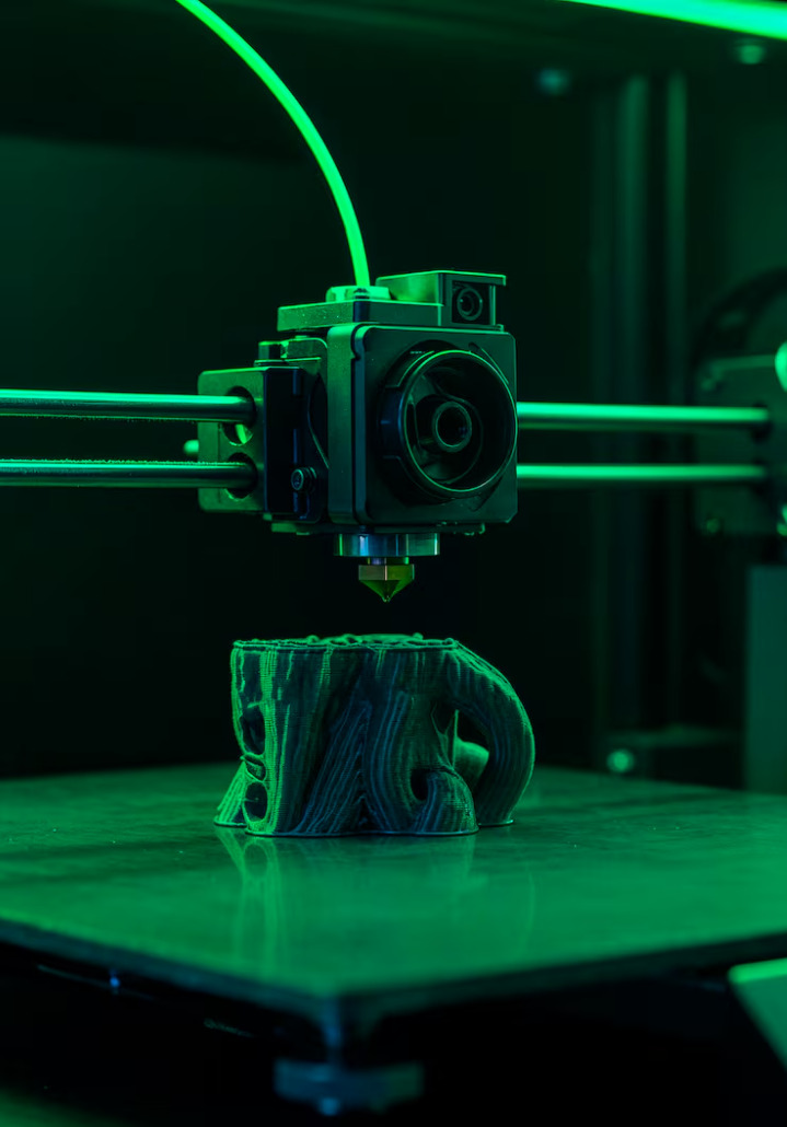 3D printer printing a shaped object in a dark room with green lighting.
