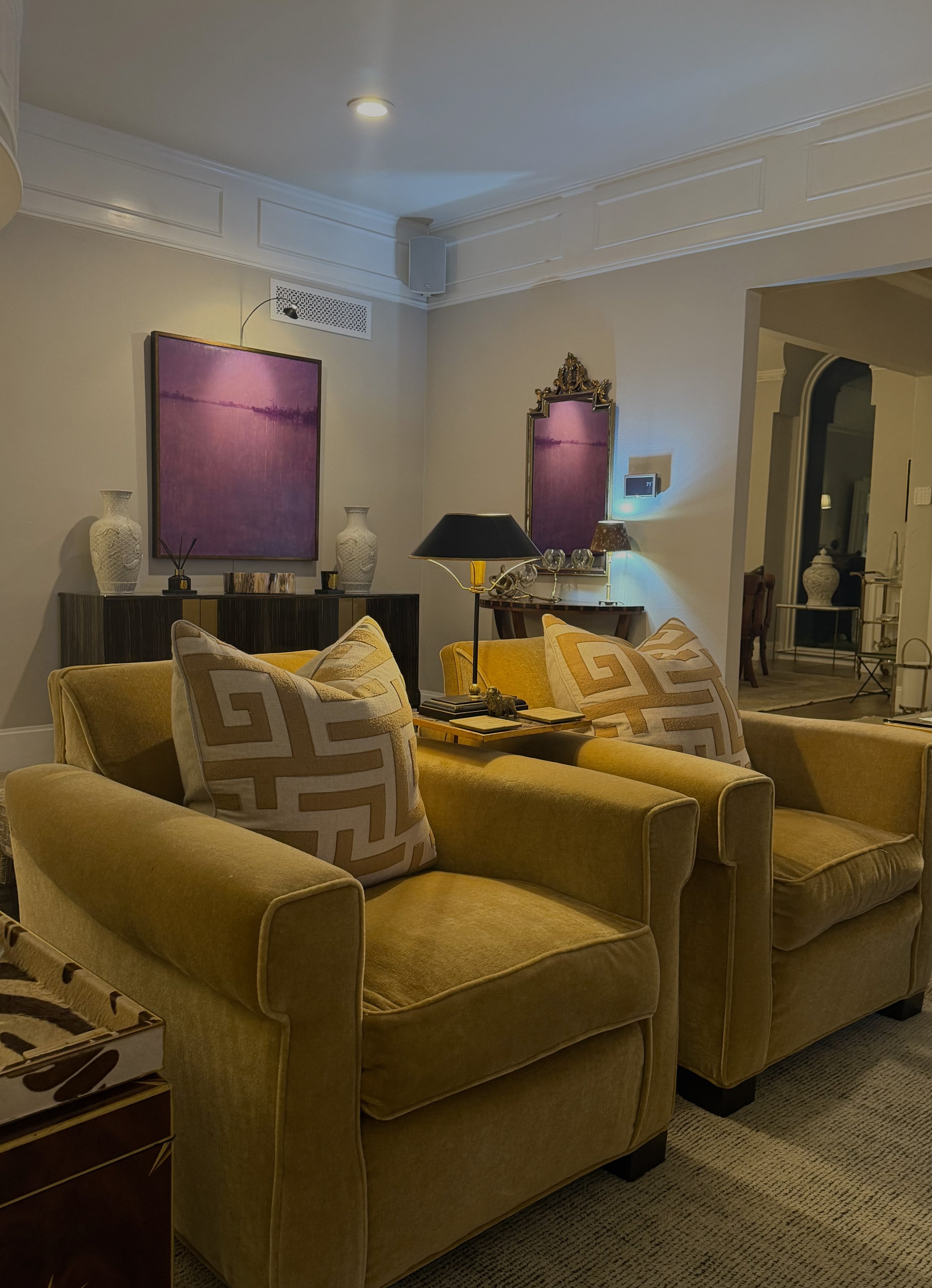 Century Furniture Soho Chairs by Thomas O'brien in a mohair upholstery. Curry and Company lamp. Trudon Candles and diffusers.