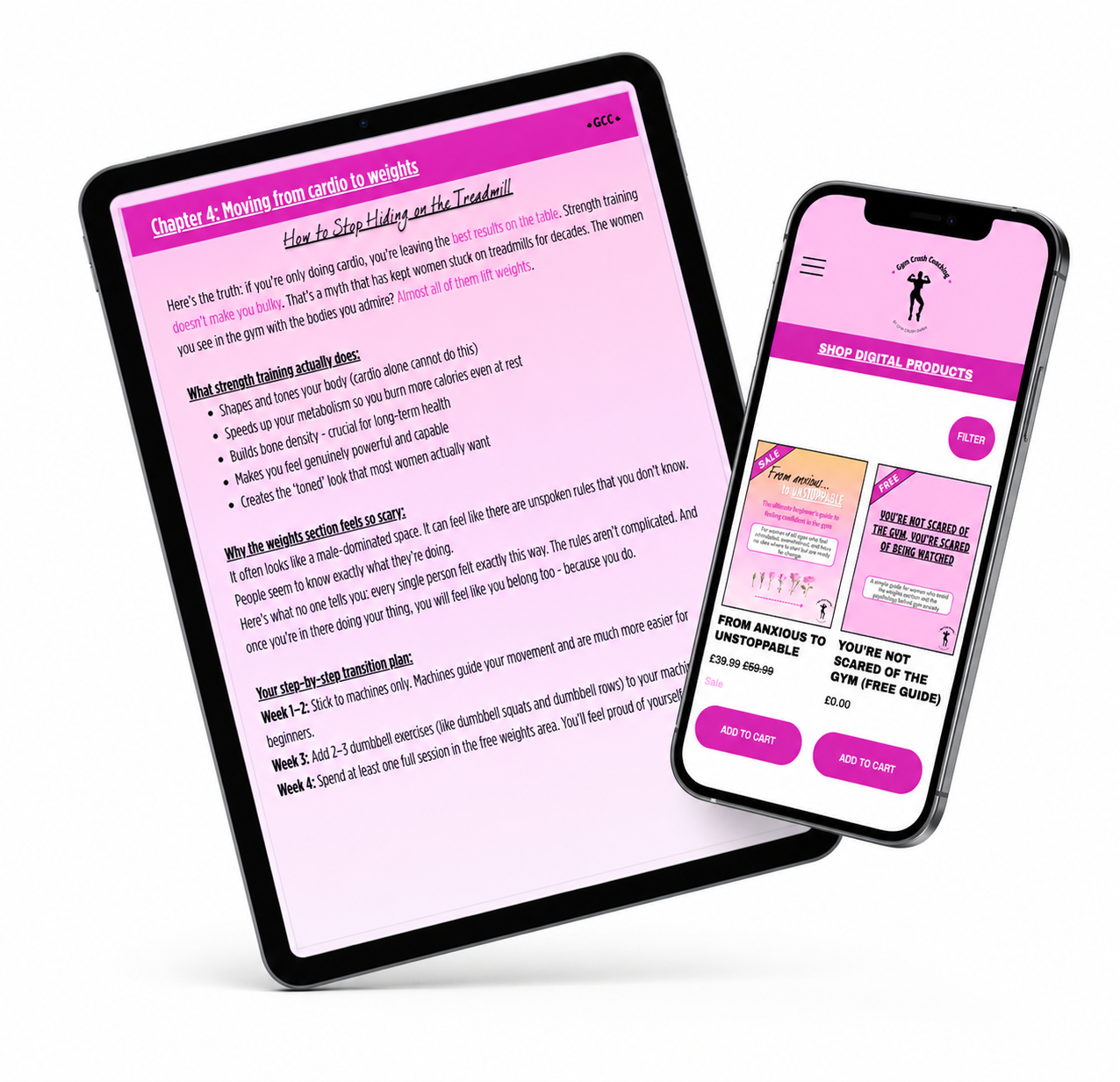 A tablet and a smartphone display fitness and health-related content on a white background. The tablet shows a digital document with a pink header titled "Chapter 4: Moving from cardio to weights," and the smartphone shows an online store with pink-themed fitness products, including guides and plan options.