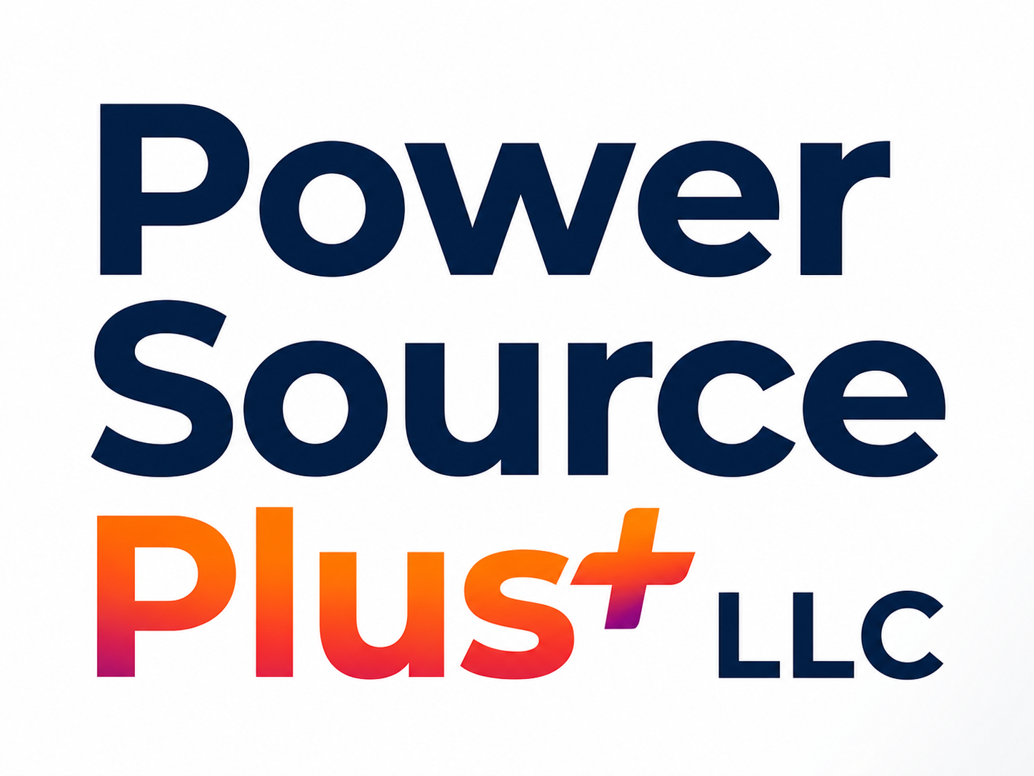 Text reading 'Power Source Plus LLC' with 'Power Source' in dark blue and 'Plus' in gradient red, orange, and purple with a plus sign.