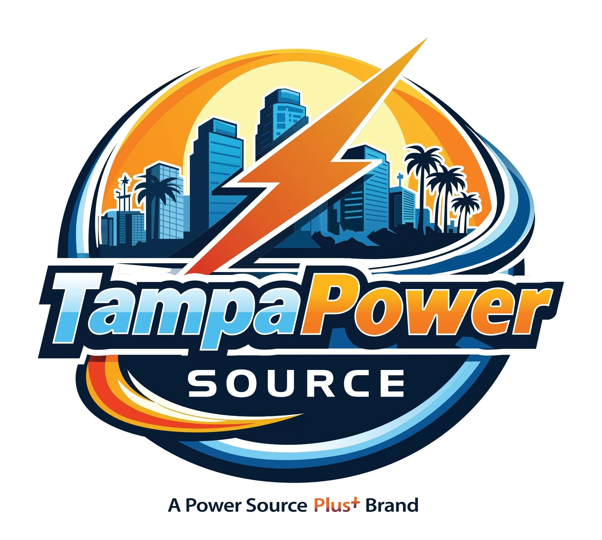 Logo for Tampa Power, featuring a city skyline with tall buildings, palm trees, and a large orange lightning bolt. The text reads 'Tampa Power' with a tagline 'A Power Source Plus+ Brand'.