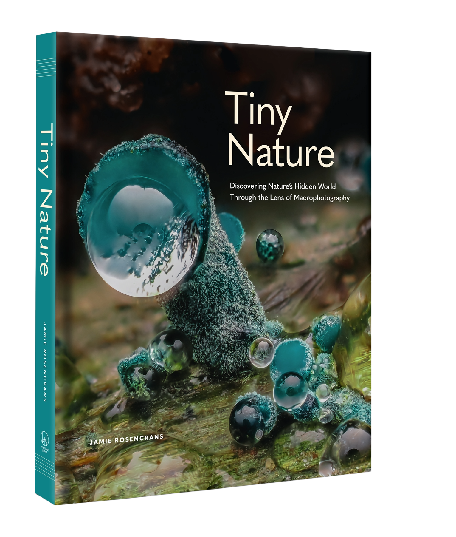 Book titled 'Tiny Nature' featuring close-up macro photographs of small natural elements like water droplets and moss on a surface