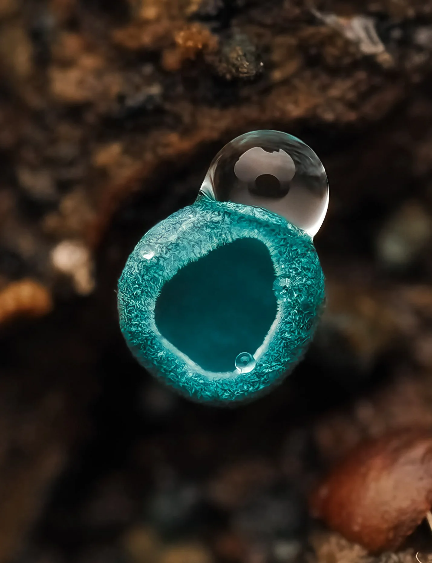 Close-up of a tiny, hollow, blue-green elfcup fungi with a small bubble inside, resting on a rough, dark wood surface.