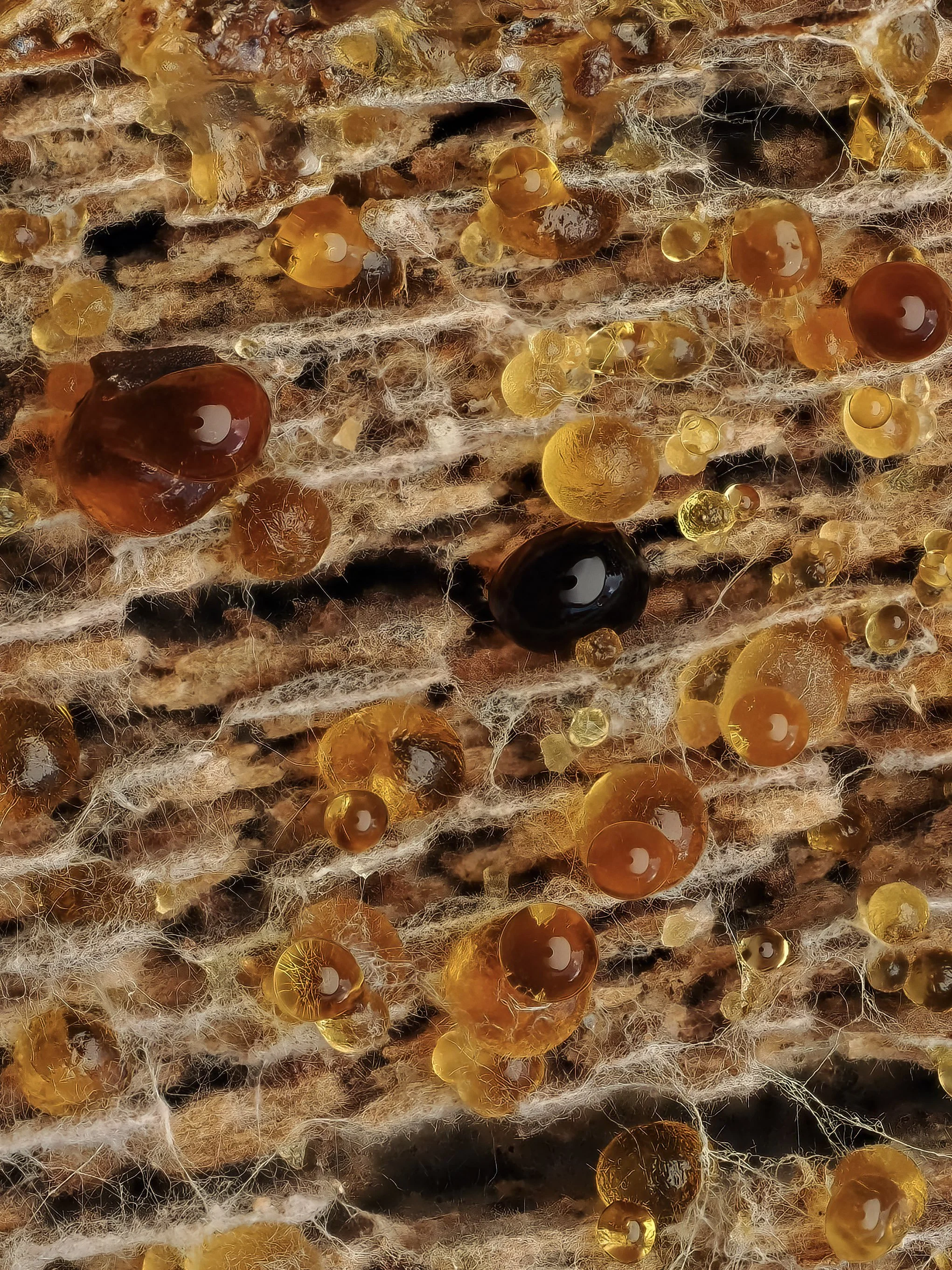 Close-up of a piece of mycelium infested bark with many amber guttation droplets in shades of yellow, orange, and black among webbing and fibrous material.