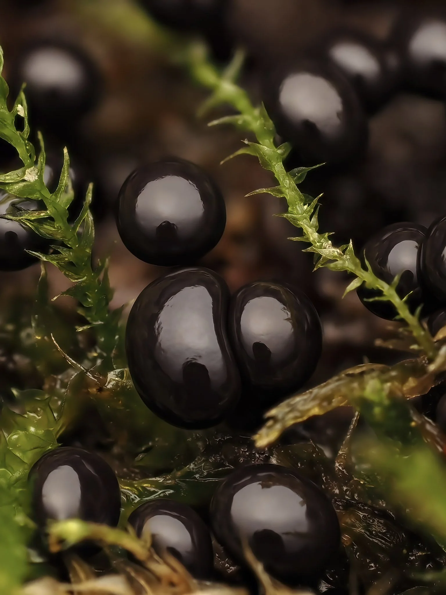 Close-up of black jelly-like metatrichia slime mold among green moss and plant stems.