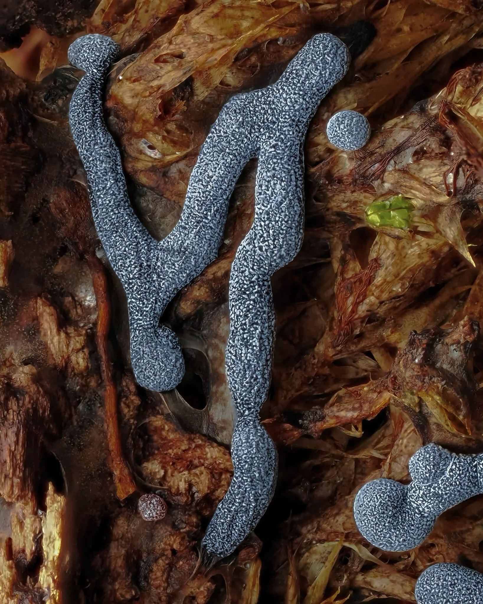 Blue and black patterned slime mold growing on a decayed, autumn leaf-covered surface.