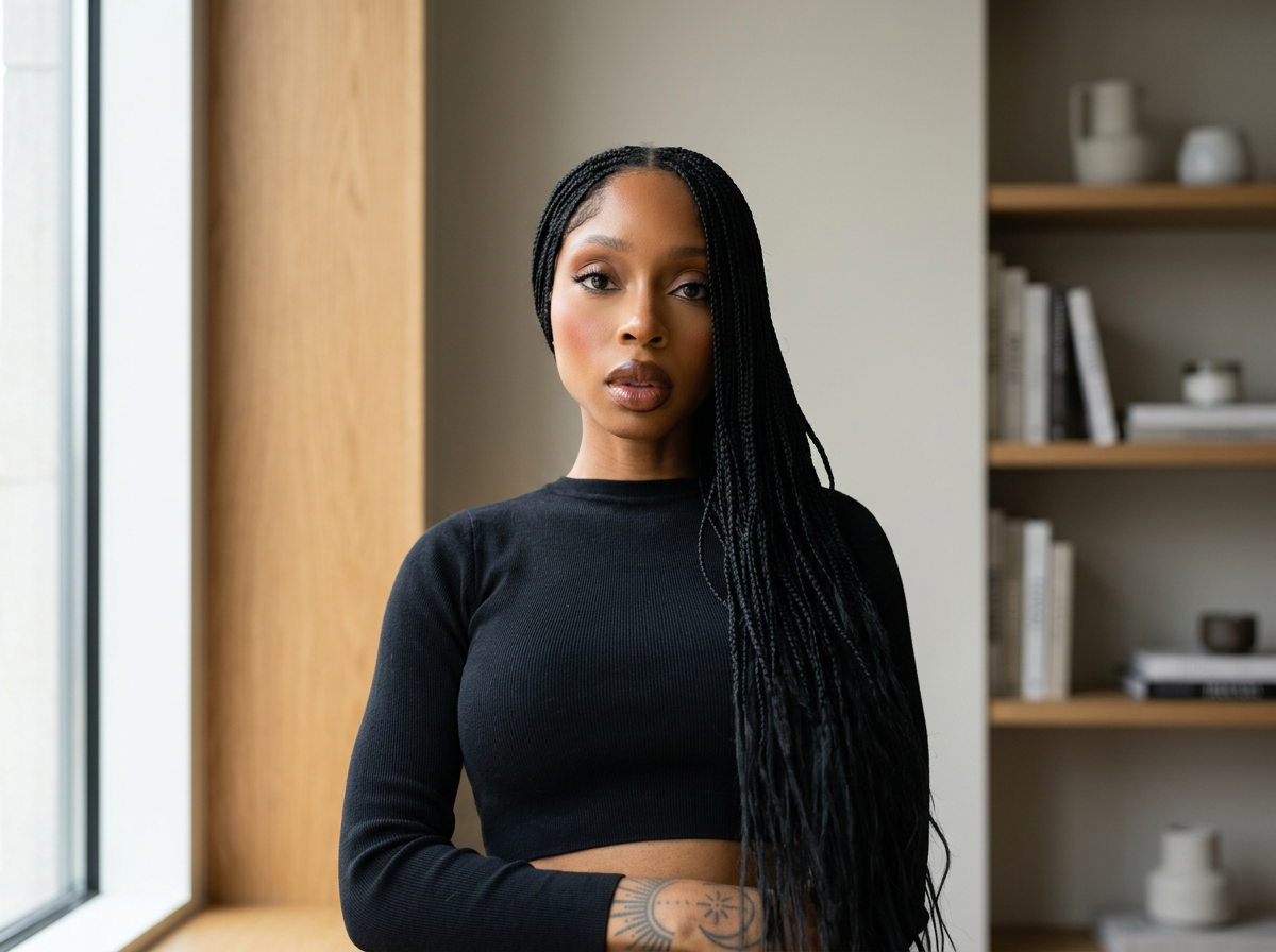 A woman with long braided black hair wearing a black long-sleeve crop top standing indoors near a window and bookshelf.