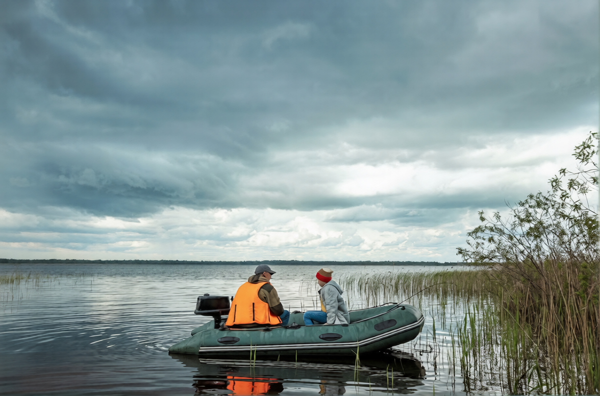 Two people in a small inflatable boat on a calm body of water, surrounded by reeds and under a cloudy sky.
