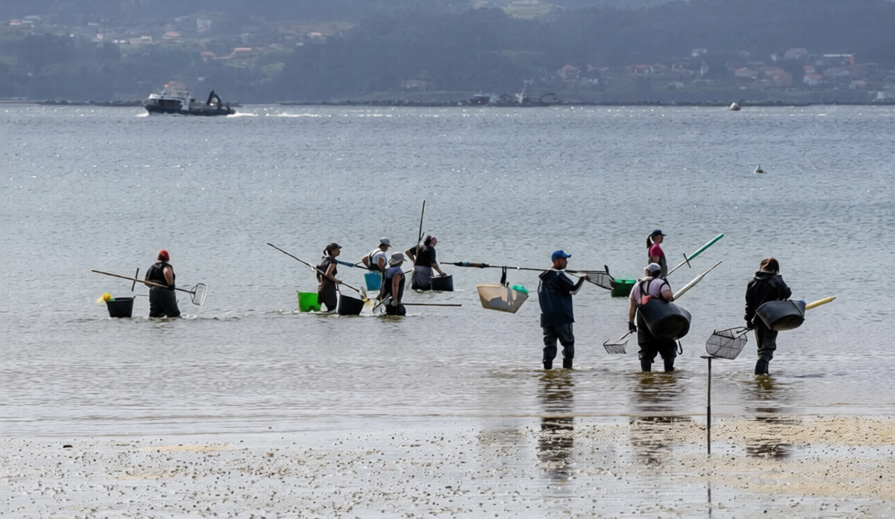 Group of people harvesting shellfish in shallow water near the beach, holding buckets and tools with a boat in the background.