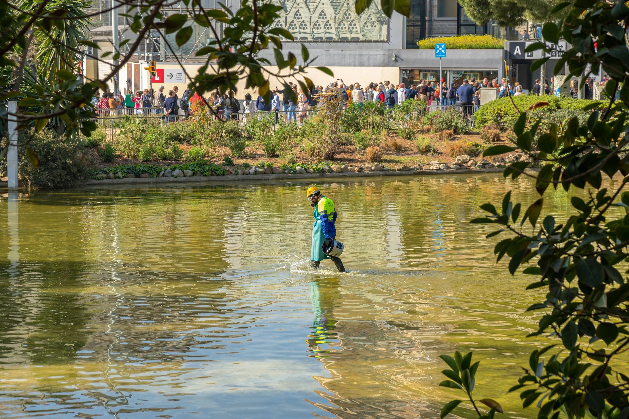 A worker wading through a body of water at a park, holding a helmet and wearing protective gear, with a large crowd of people gathered behind a fence in the background.