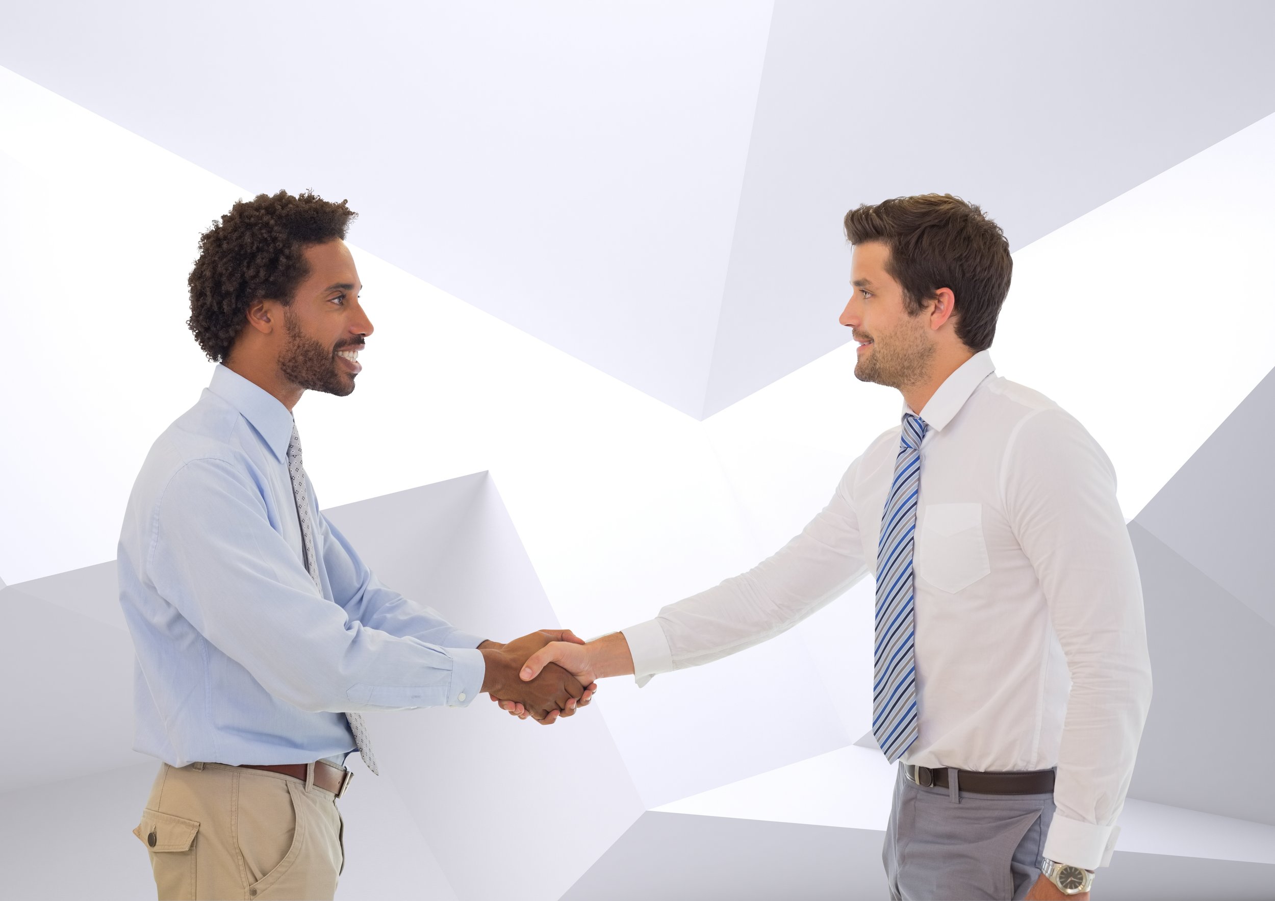 Two businessmen shaking hands in a professional setting, dressed in business casual attire, with a modern, geometric background.