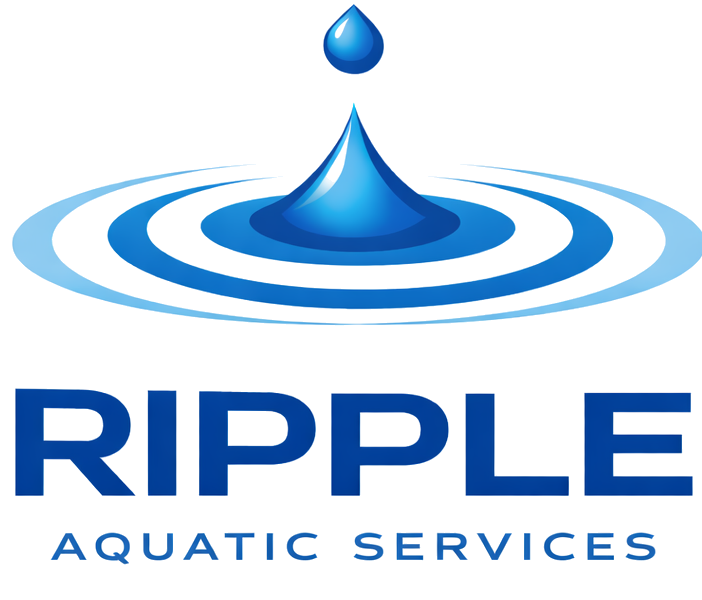 A blue water droplet creating ripples on water with the text 'Ripple Aquatic Services' beneath.