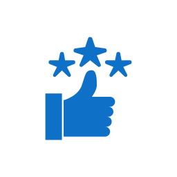 Blue thumbs-up icon with three stars above it.