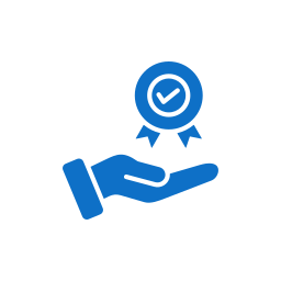 A hand holding a medal with a checkmark, symbolizing achievement or award.