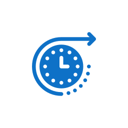 Blue clock icon with an arrow curving around it indicating time or deadline.