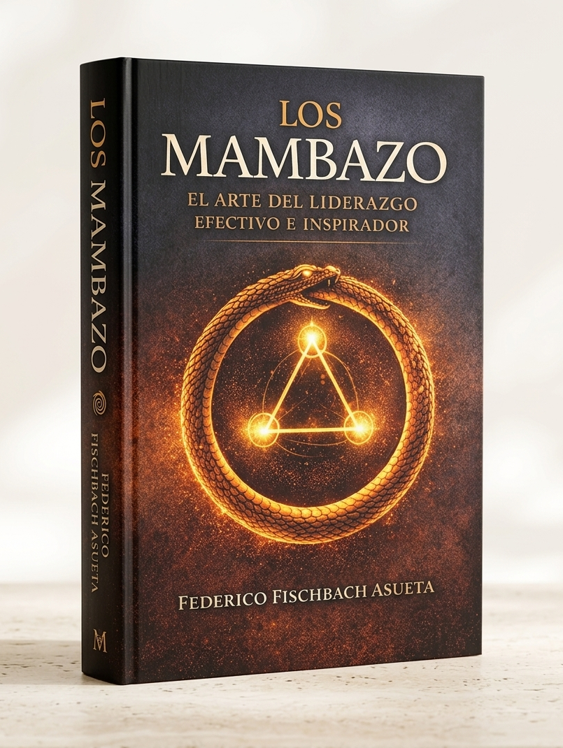 Libro titulado "Los Mambazo" con subtítulo "El arte del liderazgo efectivo e inspirador" de Federico Fischbach Asueta, con diseño de una serpiente que forma un círculo y un tríngulo luminoso en el centro