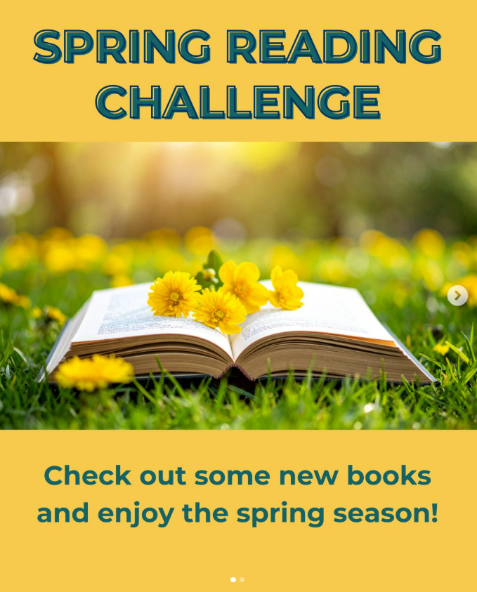 Open book on grass with yellow flowers and green background, captioned 'Spring Reading Challenge' and text suggesting checking out new books for spring.