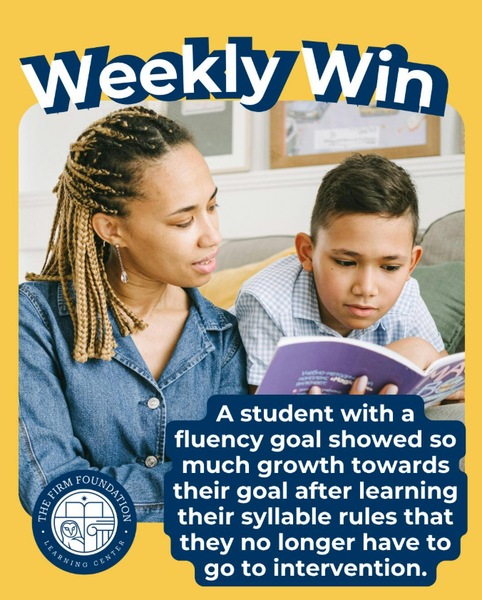 A woman and a young boy sitting on a couch, reading a book together. The image promotes a weekly success story about a student achieving fluency goals.