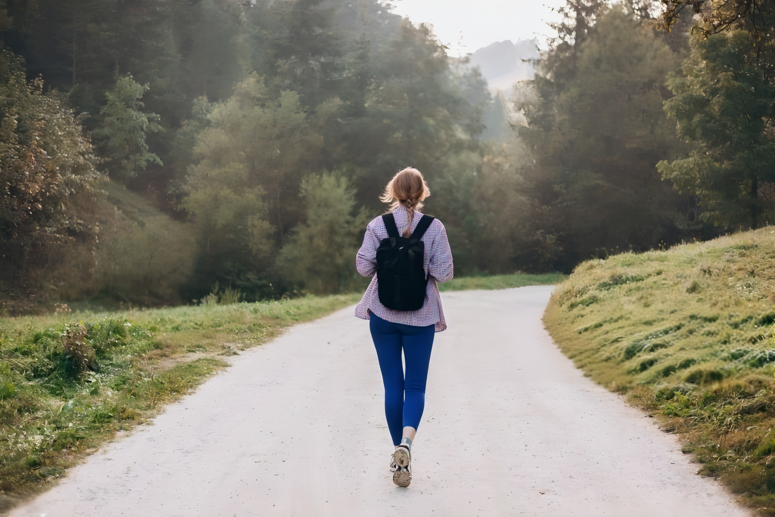 Femme marchant seul sur un chemin en pleine nature, portant un sac à dos, avec des arbres environnants en arrière-plan.