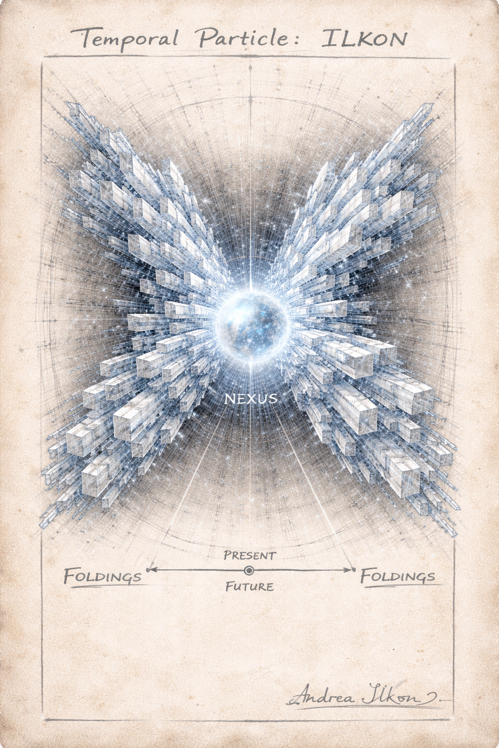 Futuristic digital illustration of a spherical nucleus at the center with energy rays, surrounded by symmetrical structures resembling book pages or circuits, representing a nexus in space. The background features a starry universe and technical grid lines. Handwritten notes label it as 'Temporal Particle: ILKON' with a timeline from 'FOLDINGS' to 'FUTURE'.