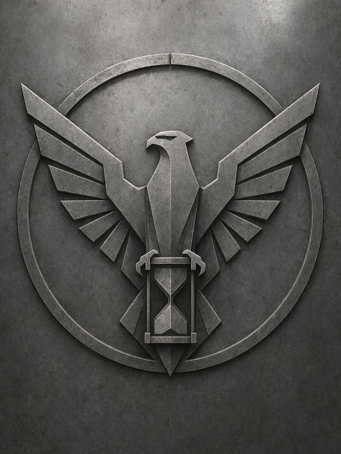 A metallic emblem of a stylized eagle with outstretched wings inside a circular border.
