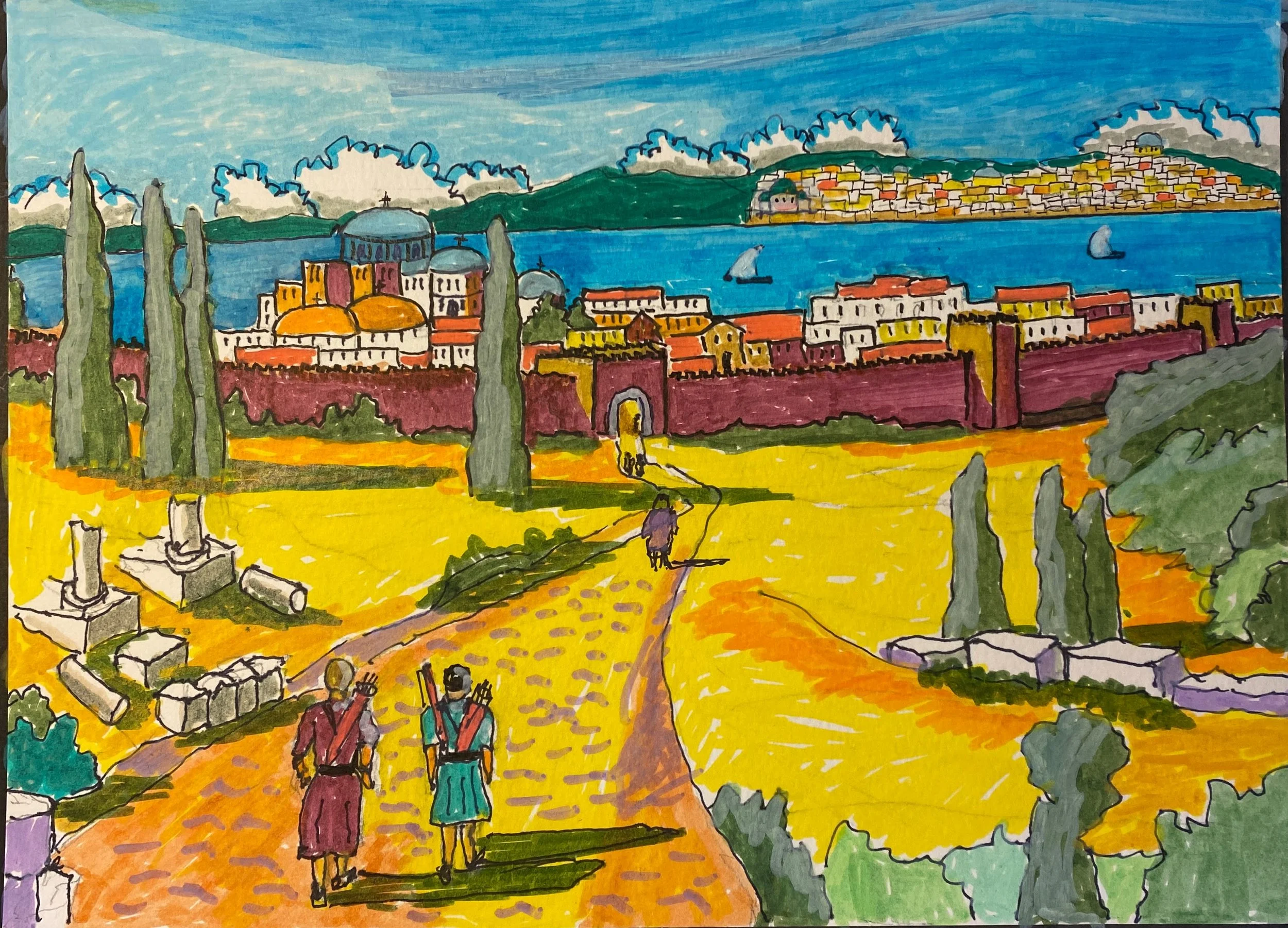 Roman Road to Constantinople  Acrylic Marker on Multi Media Paper  15"x11"  $150