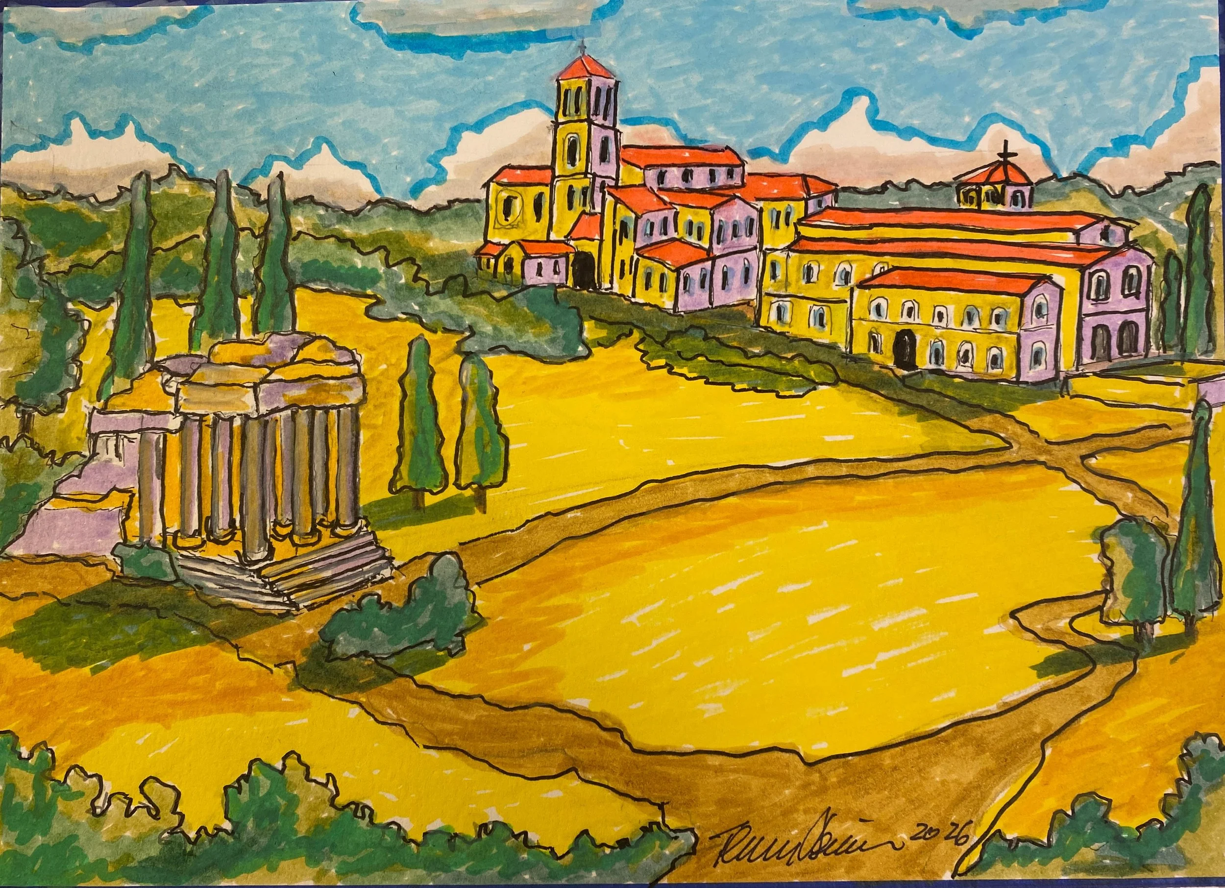 Roman Road to Monastery of Fonte Avellana, Italy   Acrylic Marker on Multi Media Paper 12"x9"  $110