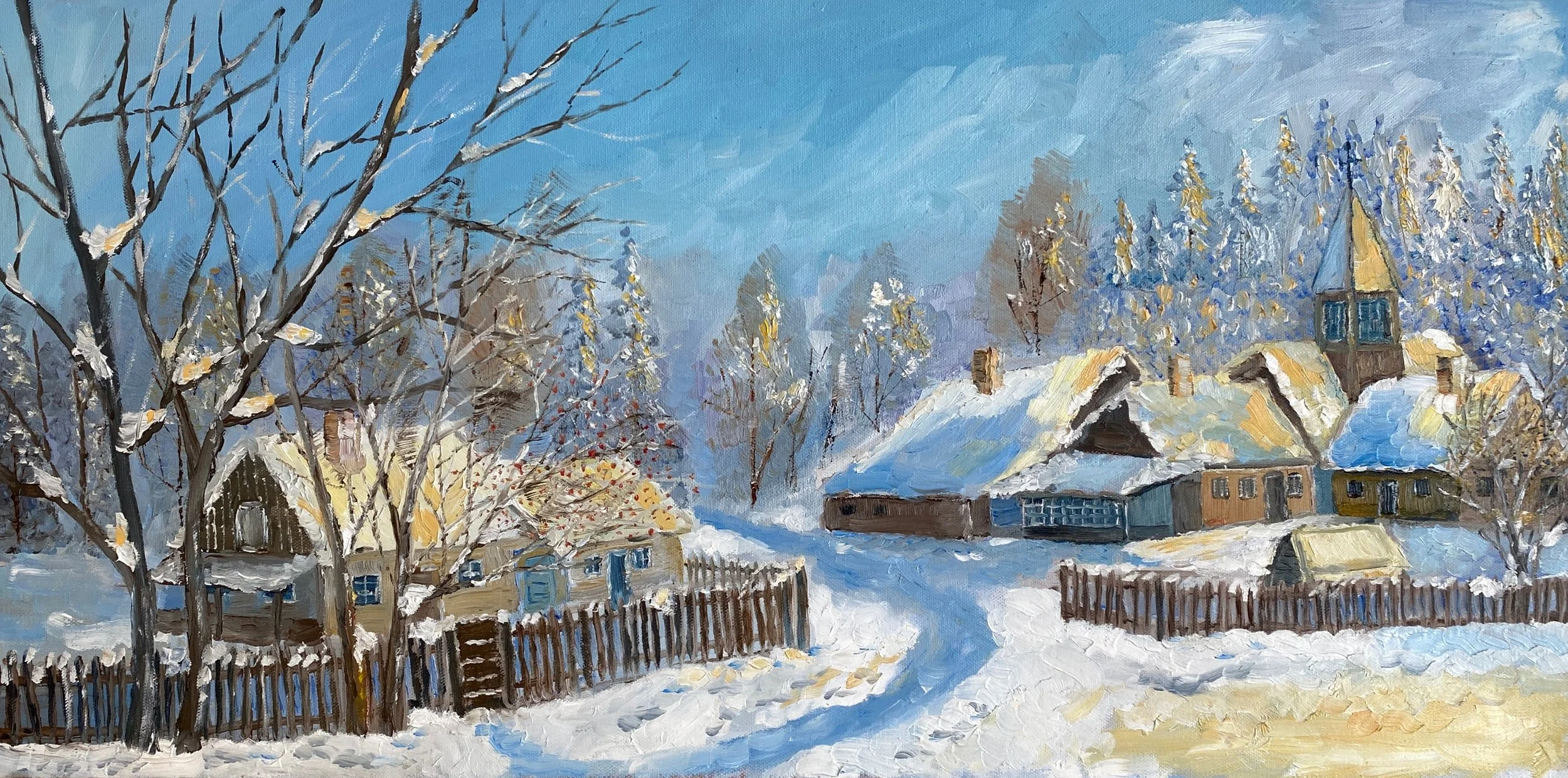 Winter Village   Oil on Canvas 24"x15"x2"  $360