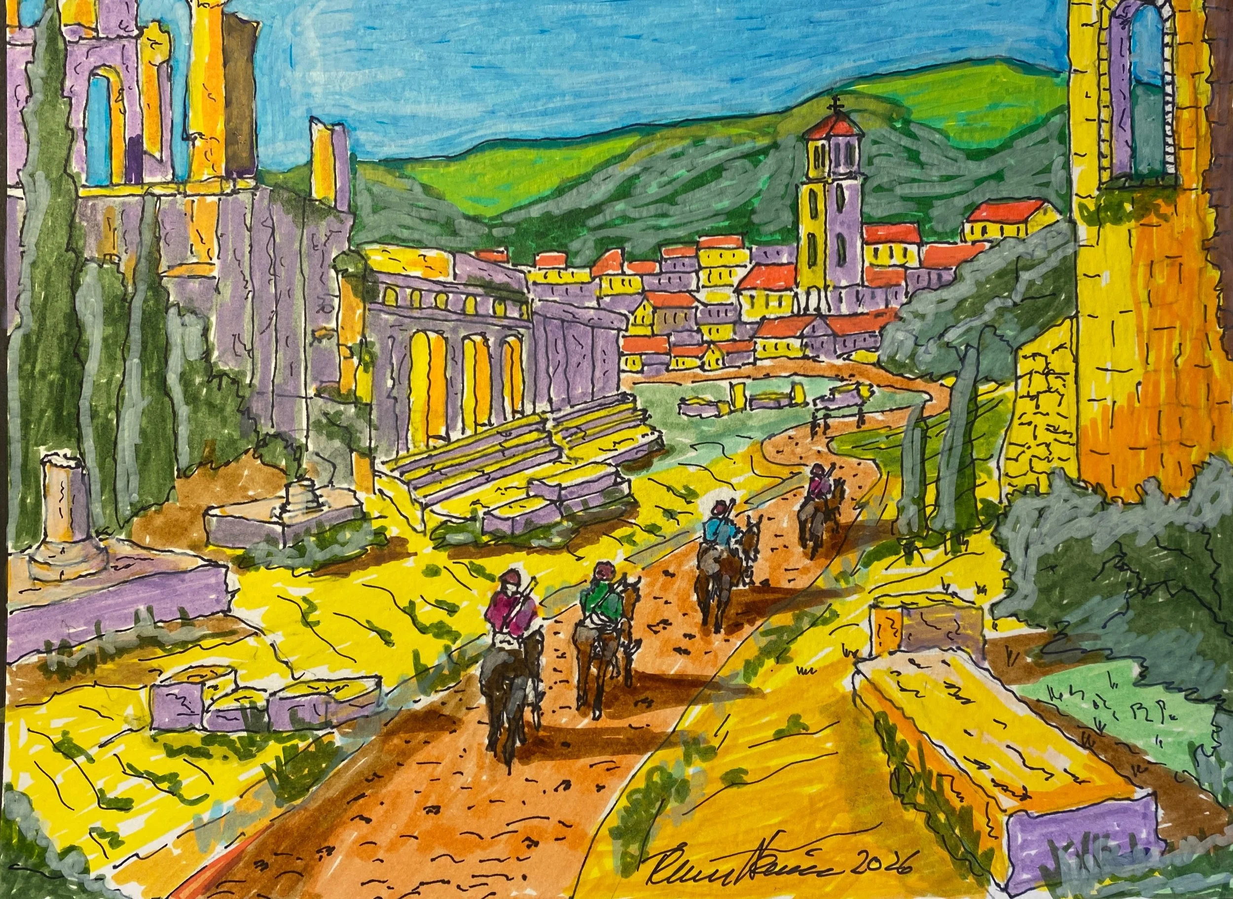 Roman Road to Ravena Acrylic Marker on Multi Media Paper  15"x11"  $150