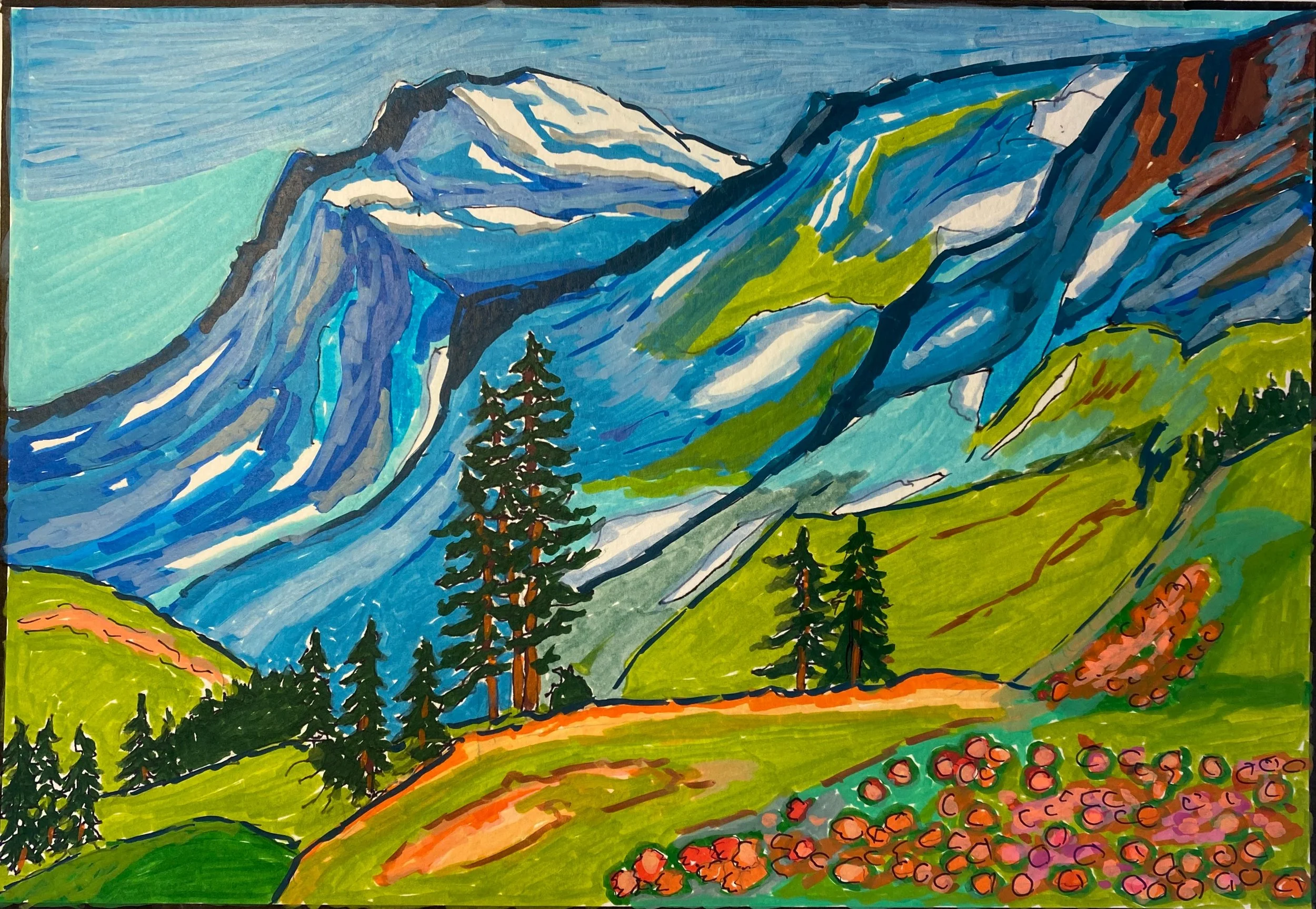 Mountain Meadow in Bloom
Acrylic Marker on Multi Media Paper 15"x11"
$150