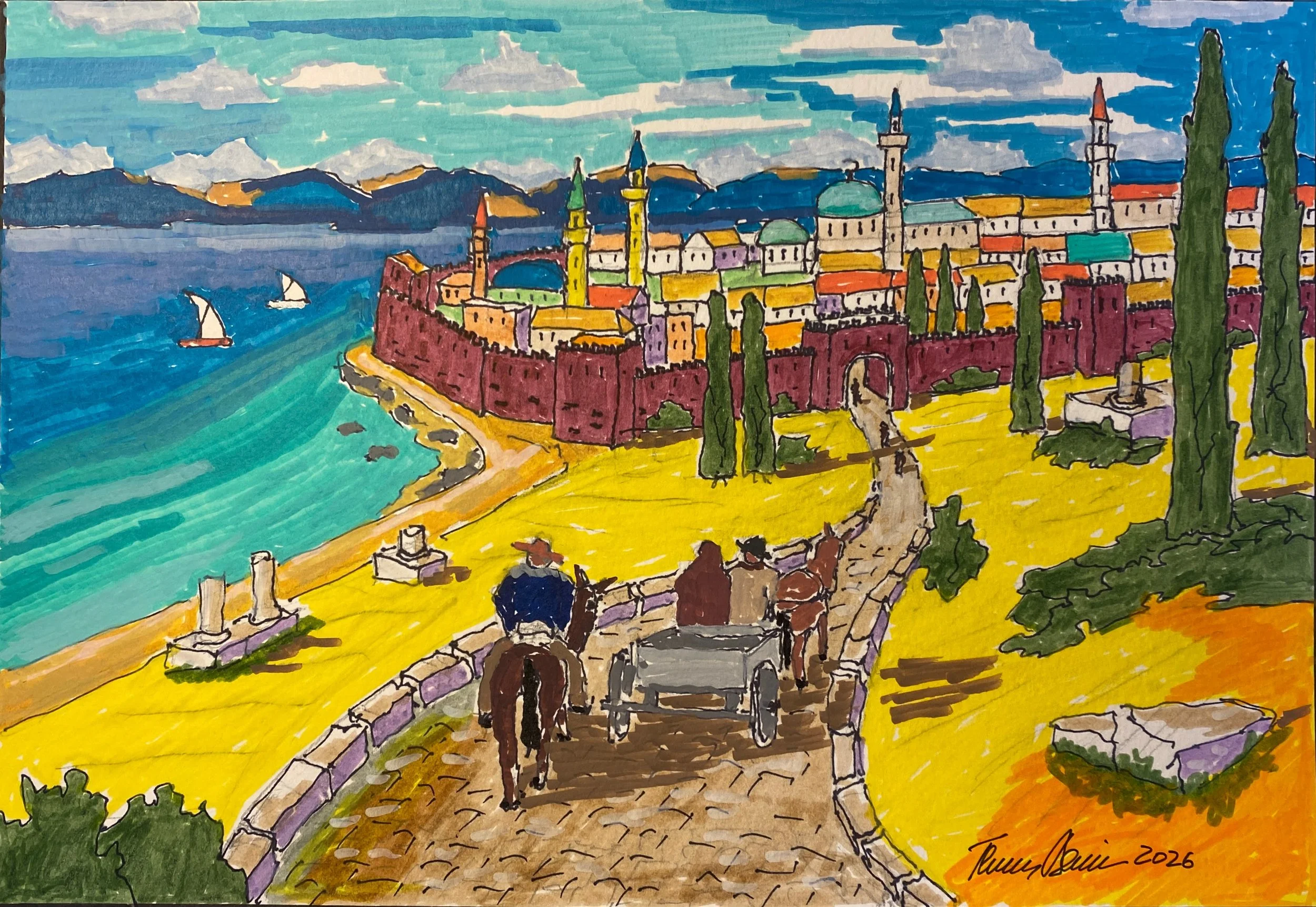 Roman Road to Antalya  Acrylic Marker on Multi Media Paper  15"x11"  $150