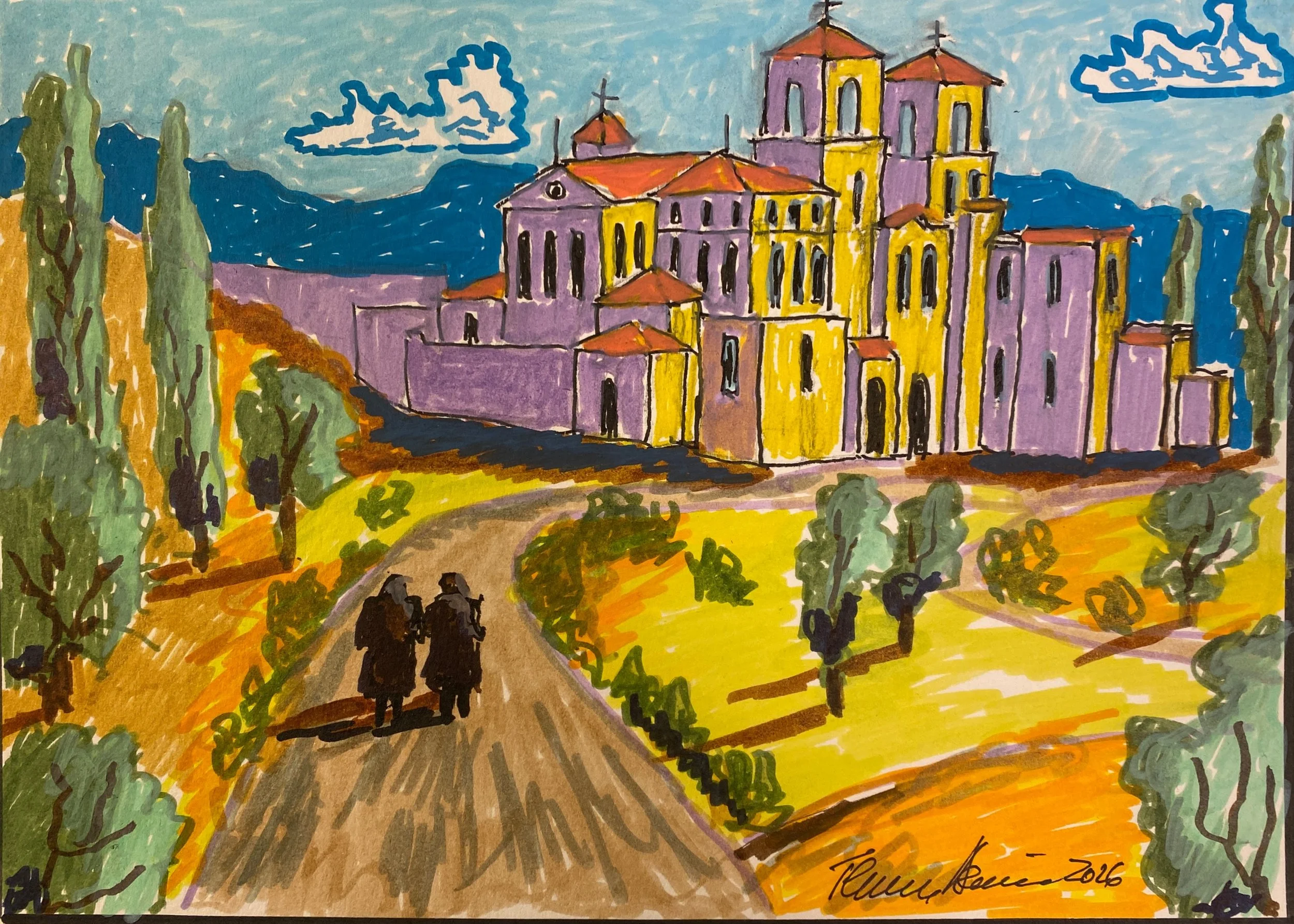 Roman Road to Abbey Goleto, Italy  Acrylic Marker on Muti Media Paper  12"x9"  $110